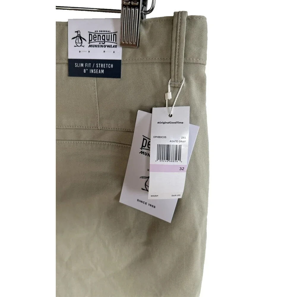 Original Penguin Mens Slim Fit Stretch Chino Shorts Agate Gray Sz 32 NEW w/Tags